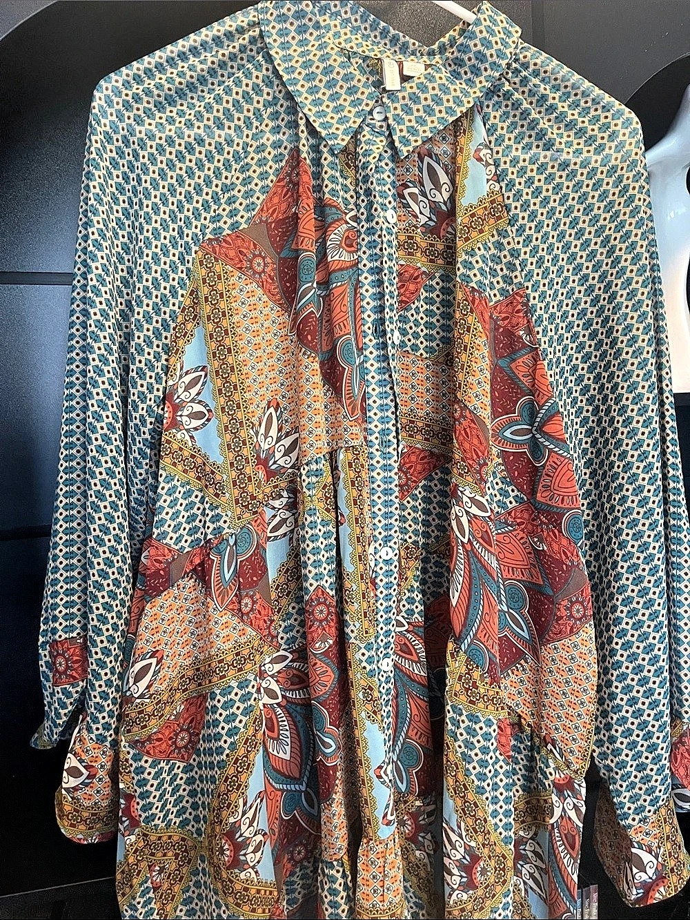 Cato Printed Long Sleeve Blouse in Blue & Orange Size XL high-low